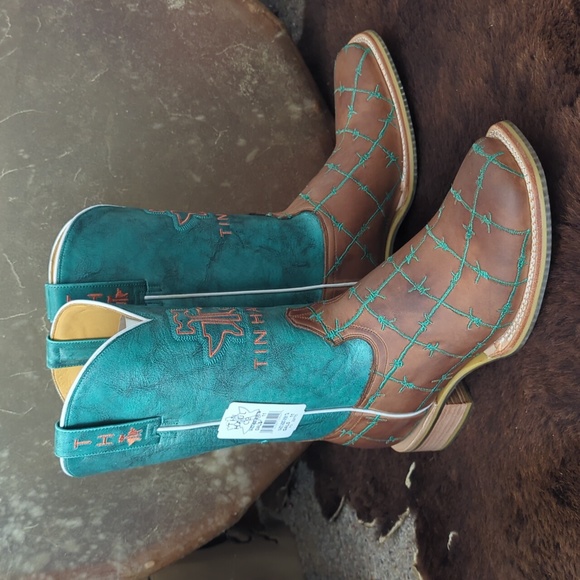 TIN HAUL "Barb'd Wire" turquoise & brown leather square toe cowgirl boot… - Picture 8 of 16